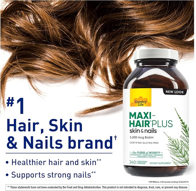 Country Life, Maxi-Hair Plus Biotin, Supports Healthy Hair, Skin and Nails, Daily Supplement, 240 ct