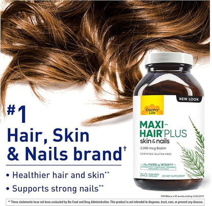 Country Life, Maxi-Hair Plus Biotin, Supports Healthy Hair, Skin and Nails, Daily Supplement, 240 ct
