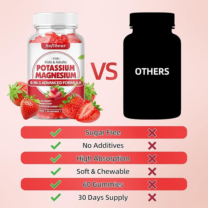 softbear Potassium Gummies for Adults, High Absorption Magnesium Potassium Supplement with Vitamin B6 for Leg Cramps & Muscle Health Sugar-Free Vegan Strawberry 60 Gummies