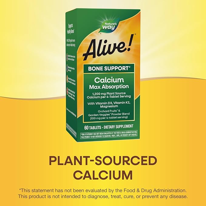 Nature's Way Alive! Calcium Max Absorption, Bone Support*, Plant Source Calcium, Vitamin D3 & K2, Magnesium, 60 Tablets (Packaging May Vary)