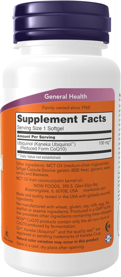 NOW Foods Supplements, Ubiquinol 100 mg, High Bioavailability (the Active Form of CoQ10), 60 Softgels
