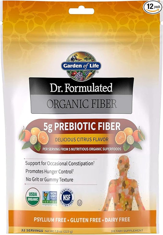 Garden of Life Dr Formulated Organic Fiber Supplement Powder Citrus, Sugar Free, Psyllium Free Prebiotic Superfoods, Constipation Relief and Hunger Control for Men and Women, 32 Servings