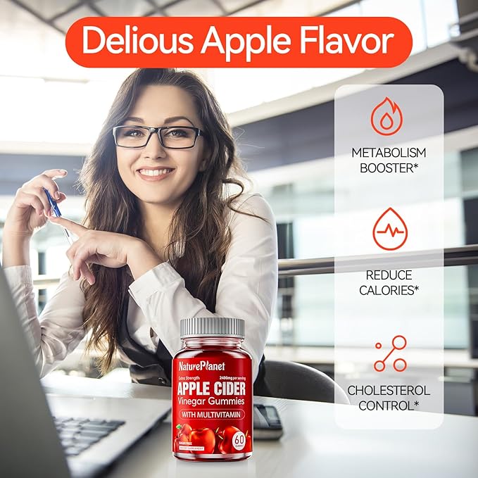 Apple Cider Vinegar Gummies, 2400 MG ACV Gummies with Multivitamin, Vegan, Non-GMO, Gluten Free, 60 Gummies