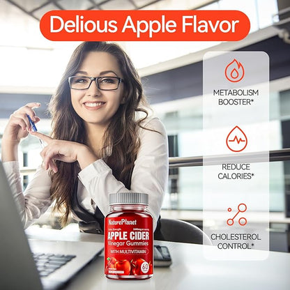 Apple Cider Vinegar Gummies, 2400 MG ACV Gummies with Multivitamin, Vegan, Non-GMO, Gluten Free, 60 Gummies