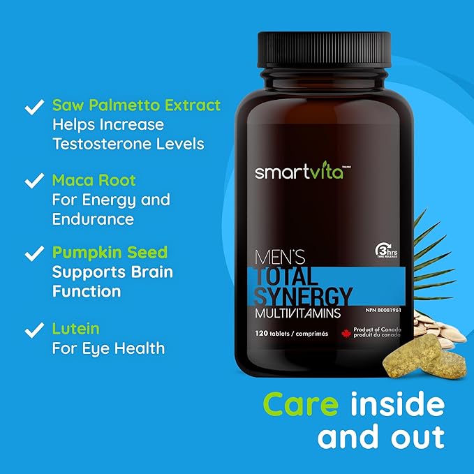 Smartvita - Total Synergy Multivitamins for Men, Vegan Multivitamins and Saw Palmetto for Men for Energy/Vitality, Brain, Heart and Eye Health, for Men Ages 25-65 Plus, 120 Tablets