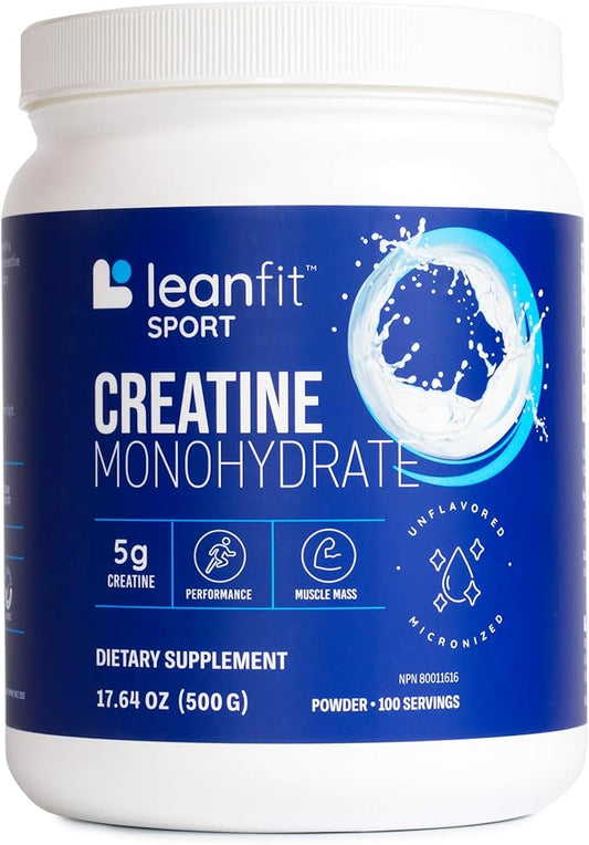 LeanFit Sport CREATINE MONOHYDRATE Powder, Unflavored - Informed Choice Certified, Micronized & Pharmaceutical Grade Creatine, Gluten-Free, Vegan – 5g Creatine Per Serving, 100 Servings, 17.64oz Tub