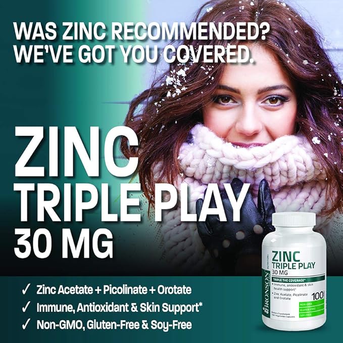 Bronson Zinc Triple Play 30 mg Triple Coverage Immune Support Zinc Supplement with Zinc Acetate, Picolinate & Orotate - Immune, Antioxidant & Skin Health Support - 100 Vegetarian Capsules