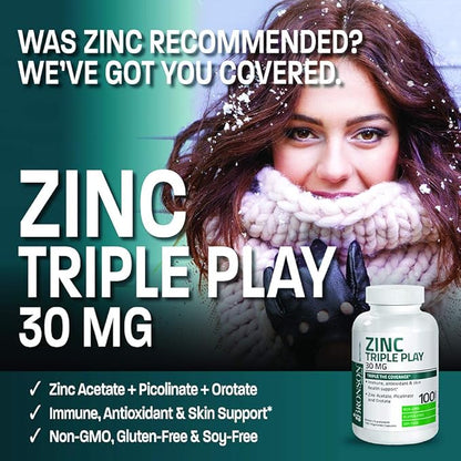 Bronson Zinc Triple Play 30 mg Triple Coverage Immune Support Zinc Supplement with Zinc Acetate, Picolinate & Orotate - Immune, Antioxidant & Skin Health Support - 100 Vegetarian Capsules
