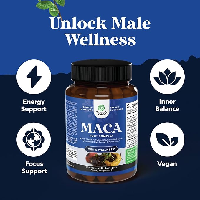 Potent Black Maca Root Capsules for Men - Herbal Wellness Supplement with Siberian Ginseng Ashwagandha and Black Maca Root - Men’s Wellness Supplement to Support General Health (30 Servings)
