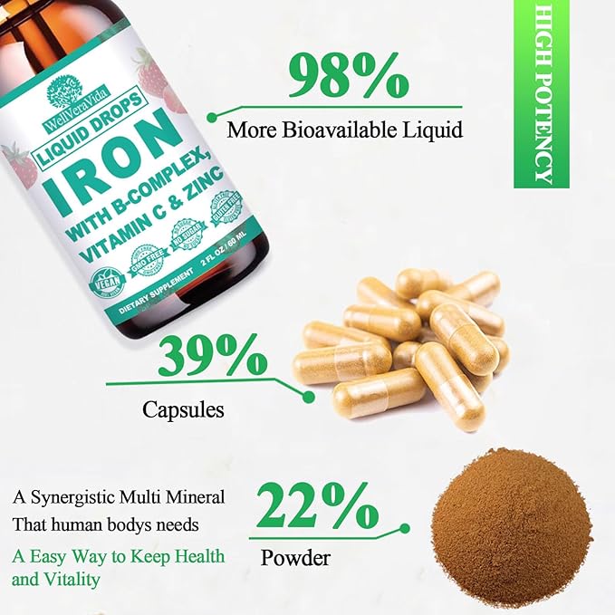 Liquid Iron Supplement w/Vitamin C, B-Complex, High Potency Iron Liquid w. Multivitamin, Vegan Iron Drops for Women, Kids, Chelate Liquid Iron Supplement for Anemia, Fatigue, Red Blood Cell Support