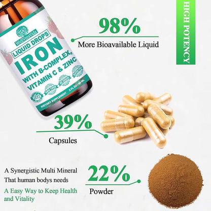 Liquid Iron Supplement w/Vitamin C, B-Complex, High Potency Iron Liquid w. Multivitamin, Vegan Iron Drops for Women, Kids, Chelate Liquid Iron Supplement for Anemia, Fatigue, Red Blood Cell Support