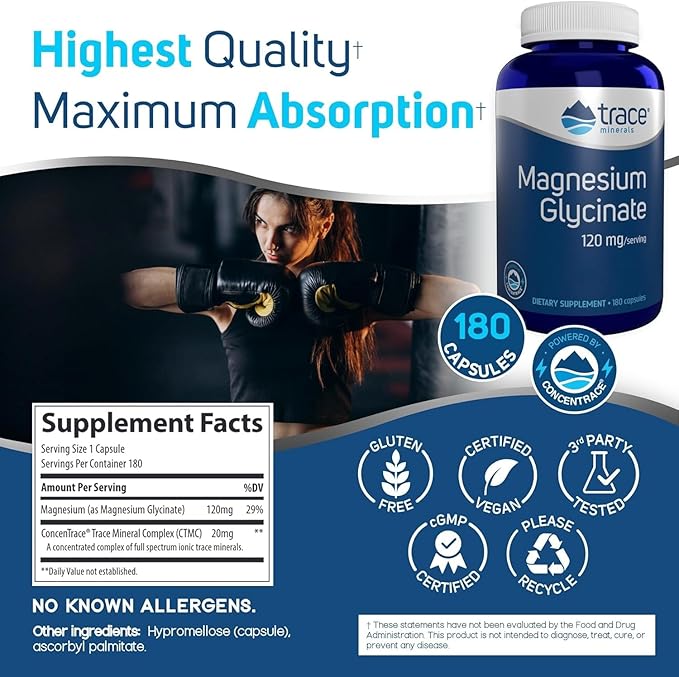 Trace Minerals Magnesium Glycinate 120mg - Bone Strength & Muscle Support - Magnesium Supplement to Aid Healthy Sleep Patterns & Relaxation - Support Nerve Function - 180 Capsules (180 Servings)