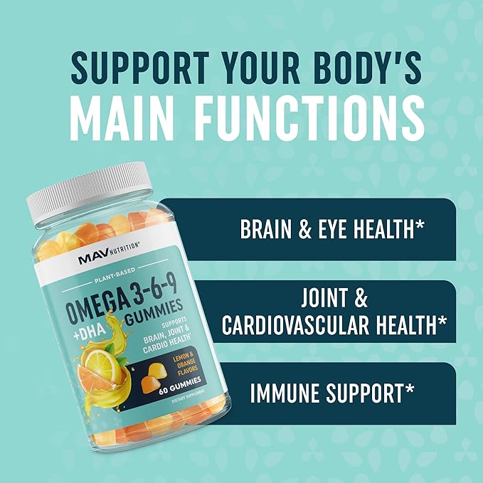 Omega 3 6 9 + DHA Gummies | Plant-Based Triple Omegas from Algae & Chia Seed Oil | with 50mg of DHA | Vegetarian, Non-GMO, Gluten-Free, Essential Fatty Acid Supplements for Adults | 60 Gummies
