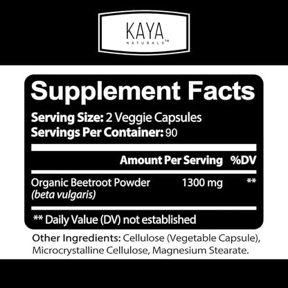 Kaya Naturals Organic Beet Root Powder 1300mg Per Serving 60 Veggie Capsules Supports Athletic Performance Aids in Healthy Circulation (60)
