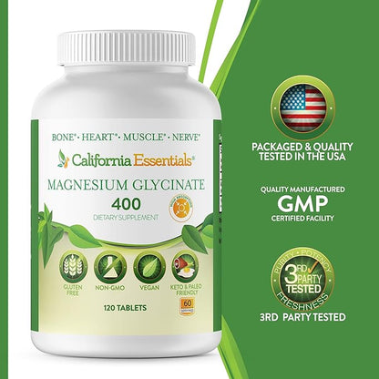 Magnesium Glycinate 400 - Chelated, High Absorption Magnesium for Muscle Relief, Bone & Heart Support -Vegan, Non-GMO, Gluten-Free 120 Tablets (Servings 60, Serving Size (2) 200mg Tablets)