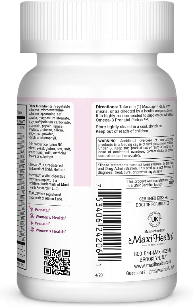 Maxi Health Prenatal Caps Multivitamins with Biotin and Iron One a Day, 60 Count