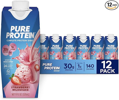 Pure Protein Strawberry Protein Shake, 30g Complete Protein, Ready to Drink and Keto-Friendly, Vitamins A, C, D, and E plus Zinc to Support Immune Health, 11oz Bottles, 12 Pack