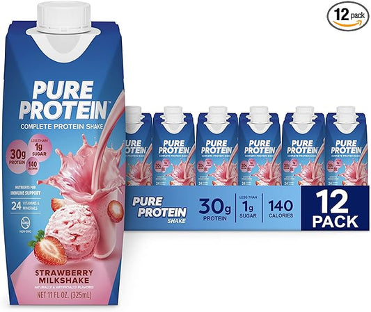 Pure Protein Strawberry Protein Shake, 30g Complete Protein, Ready to Drink and Keto-Friendly, Vitamins A, C, D, and E plus Zinc to Support Immune Health, 11oz Bottles, 12 Pack