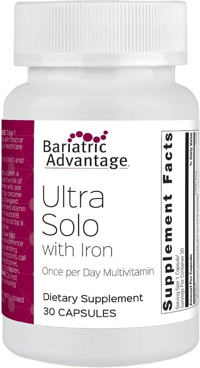 Bariatric Advantage Ultra Solo with Iron Daily Multivitamin for Gastric Bypass Surgery and Sleeve Gastrectomy Patients, Includes Vitamin B12, C, D, K, Thiamin and Copper - 30 Count