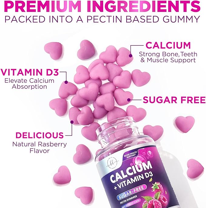 Sugar-Free Calcium Gummy Chews + 400 IU Vitamin D3, Calcium for Bone Health & Immune Support, Supports Teeth & Bone Strength, Chewable Calcium Supplements for Women & Men, Non-GMO - 60 Gummies