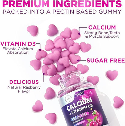 Sugar-Free Calcium Gummy Chews + 400 IU Vitamin D3, Calcium for Bone Health & Immune Support, Supports Teeth & Bone Strength, Chewable Calcium Supplements for Women & Men, Non-GMO - 60 Gummies