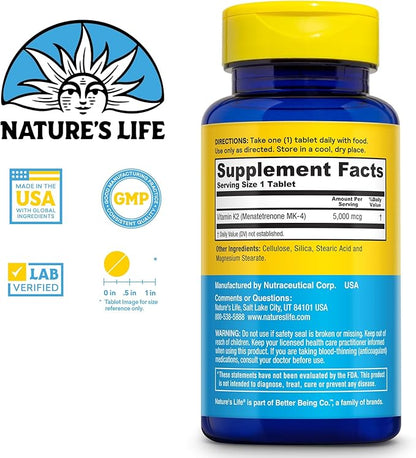 NATURE'S LIFE Revitalizing Vitamin K2 - Bone Health, Artery and Heart Health Support - High Potency Vitamin K Supplement as Vitamin K2 MK4-60 Day Guarantee, Lab Verified - 60 Servings, 60 Tablets