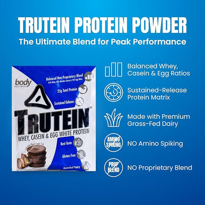 Body Nutrition Trutein High Protein Powder: 45% Whey, 45% Casein, 10% Egg White, Gluten-Free, Low Sodium, Grass Fed Whey Protein, Gym Supplement & Breakfast Shake, Chocolate Peanut Butter, 34g Sample