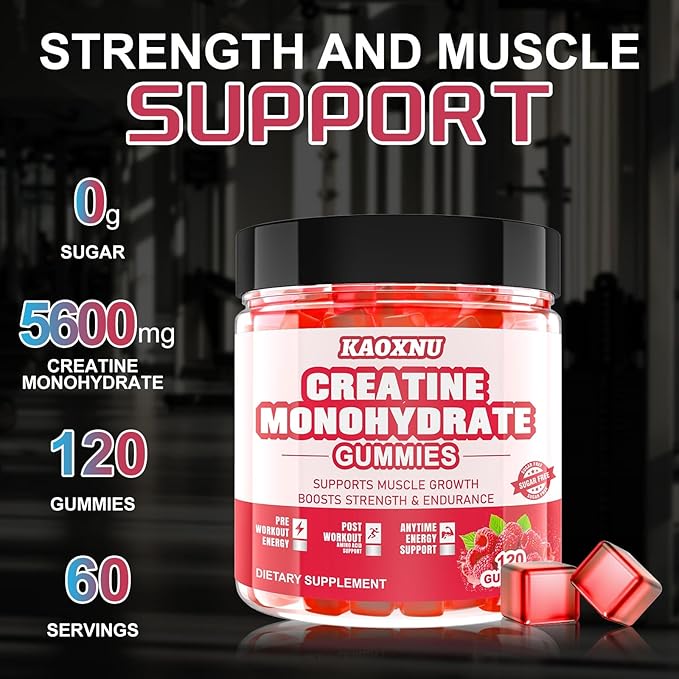Creatine Monohydrate Gummies for Men & Women 120 CT - 5000mg of Creatine Monohydrate per Serving - Sugar Free Chewable Creatine for Muscle Strength, Muscle Builder, Energy Boost (Raspberry Flavor)