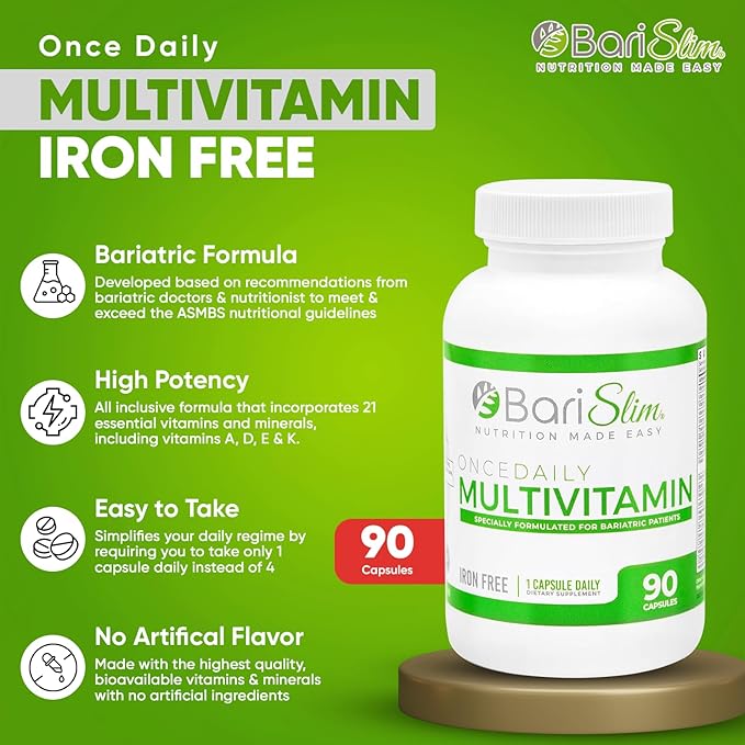BariSlim Once Daily Bariatric Multivitamin Capsule - Iron-Free Formula - Bariatric Vitamin and Supplement for Post Bariatric Surgery, Including Gastric Bypass and Gastric Sleeve | 90-Day Supply
