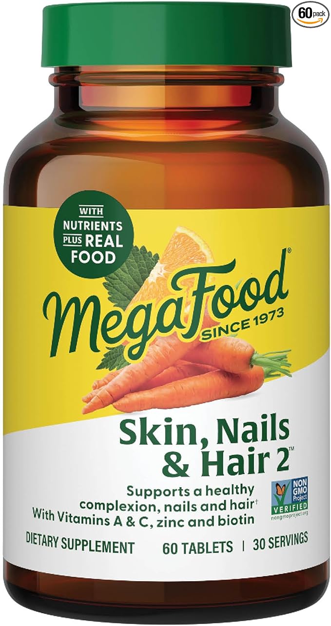 MegaFood Skin, Nails & Hair 2 - Vitamins for Women & Men - Biotin, Vitamin A, Vitamin C, Zinc, Vitamin B6, Vitamin E, Pantothenic Acid - Vegan - Made Without 9 Food Allergens - 60 Tabs (30 Servings)