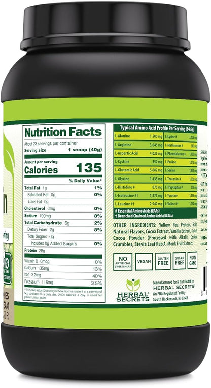 Herbal Secrets Vegan Protein | Cookies & Cream Flavor | 28 Grams Protein | 23 Servings | 6.2 Grams BCAA Supplement | Made in USA