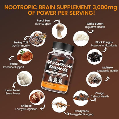 Mushroom Gummies - 10x Mushroom Supplement with Ashwagandha and Lions Mane - Brain Booster, Immune Support, Energy - Mushroom Supplement for Men & Women 90 Coke Gummies