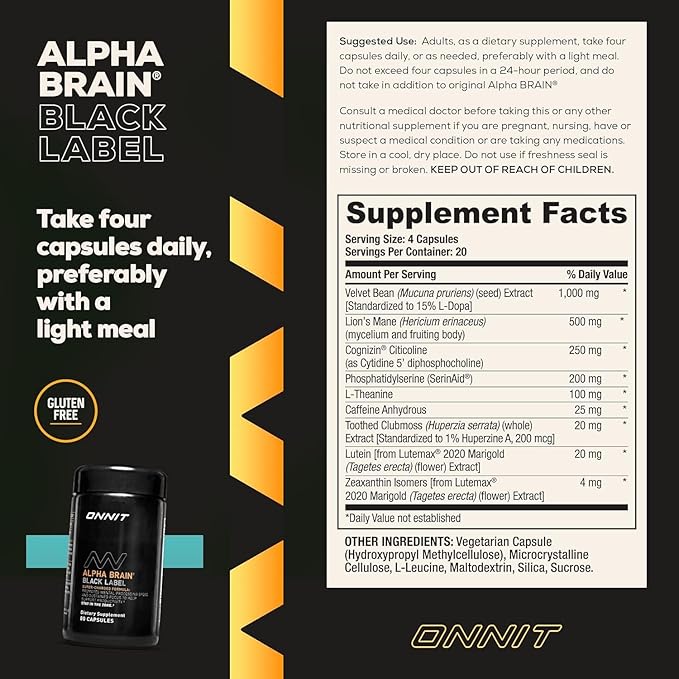 ONNIT Alpha Brain Black Label Capsule (80ct) Premium Citicoline Brain Supplement - Focus, Concentration & Memory - Lion's Mane, Hericium Erinaceus, L Theanine & Mucuna Pruriens