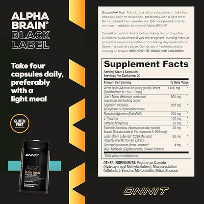 ONNIT Alpha Brain Black Label Capsule (80ct) Premium Citicoline Brain Supplement - Focus, Concentration & Memory - Lion's Mane, Hericium Erinaceus, L Theanine & Mucuna Pruriens