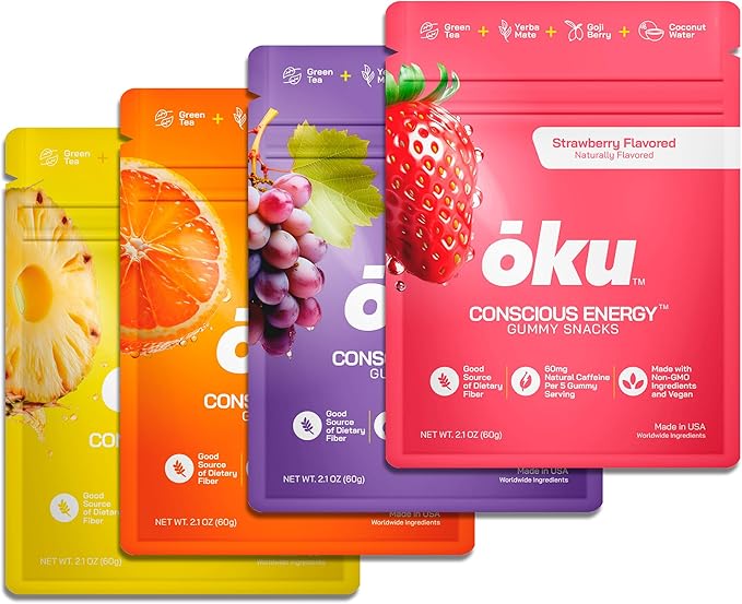 ōku Conscious Energy Gummy Snacks – Natural Caffeine from Green Tea & Yerba Mate, Vegan, Clean Ingredients, Gluten-Free, Focused Energy, Antioxidants & Fiber, Variety Pack of 8