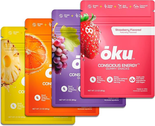 ōku Conscious Energy Gummy Snacks – Natural Caffeine from Green Tea & Yerba Mate, Vegan, Clean Ingredients, Gluten-Free, Focused Energy, Antioxidants & Fiber, Variety Pack of 8