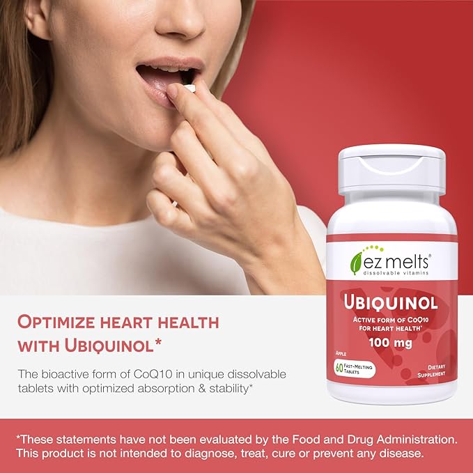 EZ Melts Dissolvable Ubiquinol 100mg, Active Form of CoQ10, Heart Health Supplements for Men & Women, Sugar-Free, 2-Month Supply