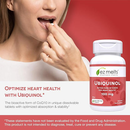 EZ Melts Dissolvable Ubiquinol 100mg, Active Form of CoQ10, Heart Health Supplements for Men & Women, Sugar-Free, 2-Month Supply