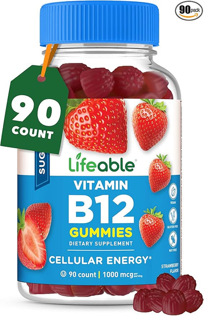 Lifeable Sugar Free Vitamin B12 Gummies | 1000 mcg | Great Tasting B12 Vitamins Gummies | Energy, Mood, and Metabolism Support | B 12 Vitamin Gummies for Men, Women, Adults | 90 Gummies