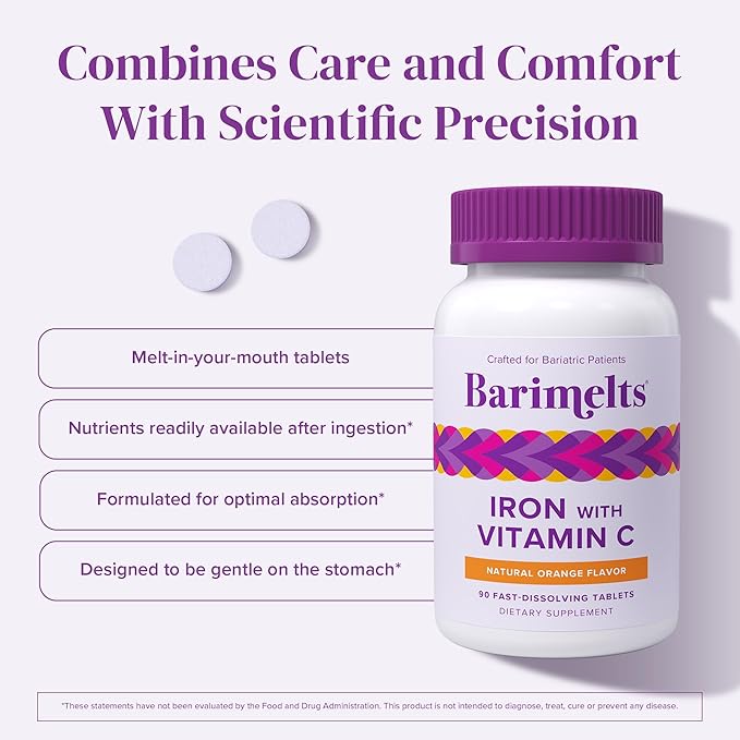 Barimelts Iron with Vitamin C - 90 Fast-Dissolving Tablets (1-Month Supply) - Sugar-Free Bariatric Iron Supplement for Women, Natural Orange Flavor