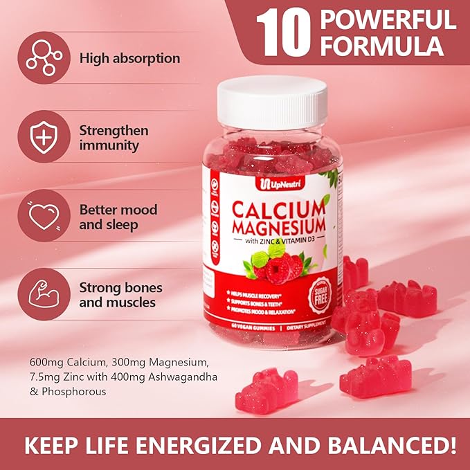 Calcium Magnesium Zinc with Vitamin D3 Gummies, Sugar Free Calcium Supplements for women men, High Absorption Zinc Gummies for Bone & Muscle & Immune Health, Vegan Raspberry Flavor - 120 Count