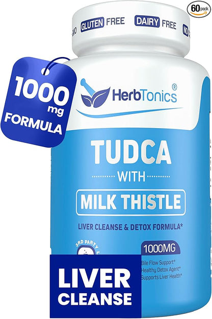 Herbtonics TUDCA & Milk Thistle 1000mg | Liver Cleanse, Detox & Repair Supplement | Bile Salts for Gallbladder Support & Liver Health | Pterostilbene Enhanced Tudca Supplement | 60 Vegan Capsules