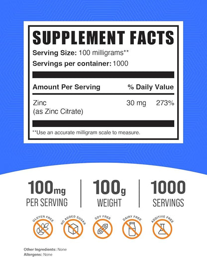 BulkSupplements.com Zinc Citrate Powder - Zinc Supplements, Zinc 30mg - Pure Zinc Citrate for Immune Support - Gluten Free, 100mg per Serving, 100g (3.5 oz) (Pack of 1)