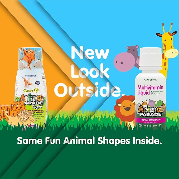 NaturesPlus Animal Parade Children's Liquid Multivitamin - Tropical Berry Flavor - 8 fl oz - Whole Food Supplement - Vegetarian, Gluten Free - 16 Servings