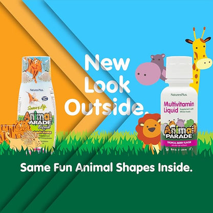 NaturesPlus Animal Parade Children's Liquid Multivitamin - Tropical Berry Flavor - 8 fl oz - Whole Food Supplement - Vegetarian, Gluten Free - 16 Servings