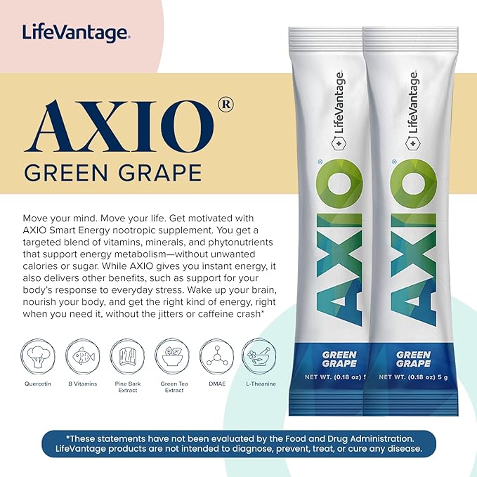 AXIO Regular Energy Drink Powder, Green Grape, 30 Drink Mix Packets, Instant Energy Powder, Energy Supplement in a Drink Mix, w/B Vitamins, DMAE, L-Theanine, Quercetin, Green Tea & Pine Bark Extract