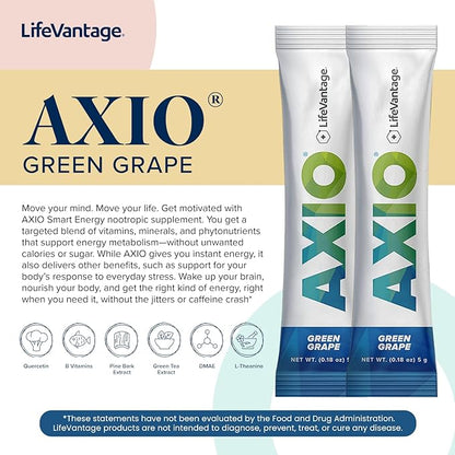 AXIO Regular Energy Drink Powder, Green Grape, 30 Drink Mix Packets, Instant Energy Powder, Energy Supplement in a Drink Mix, w/B Vitamins, DMAE, L-Theanine, Quercetin, Green Tea & Pine Bark Extract