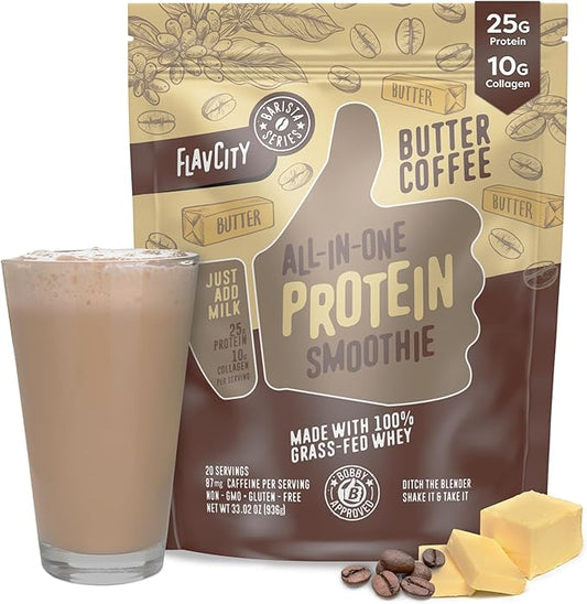 FlavCity Protein Powder Smoothie, Butter Coffee - 100% Grass-Fed Whey Protein Powder Shake with Collagen (25g of Protein) - Gluten Free & No Added Sugars (33.02 oz)