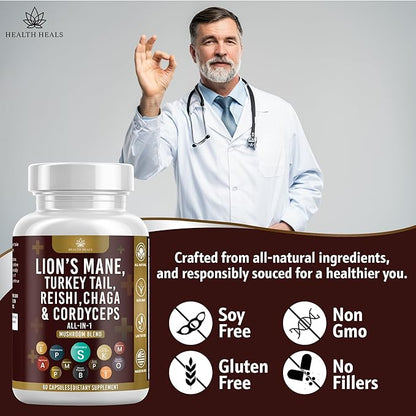 Mushroom Supplement with Turkey Tail 2000mg Reishi 1000mg Cordyceps Chaga 1000mg with Marshmallow Root - 120 Count