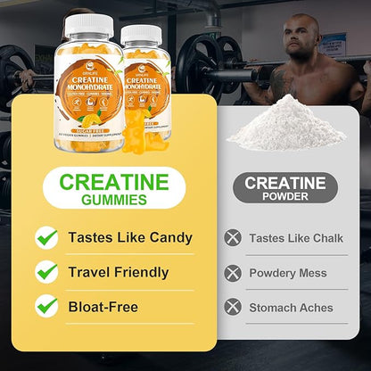 Creatine Monohydrate Gummies for Men & Women, Chewables Creatine Monohydrate for Muscle Strength, Muscle Builder, Energy Boost, Sugar Free, Vegan, Mango Flavor-60 Count